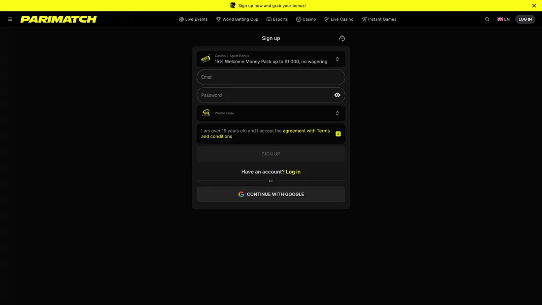 Pantalla de registro de una plataforma de apuestas